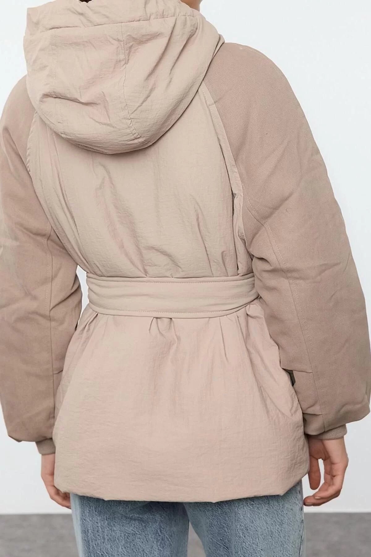 Women Fashion Stylish Loose Hooded Collar Midi Plain Lined Oversize Belted Hooded Parka Coat