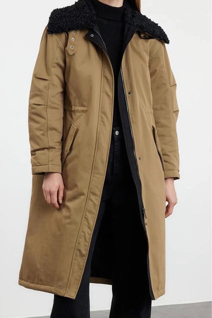 Women Fashion Regular Shirt Collar Long Plain Lined Plush Collar Quilted Lined Winter Parka Coat