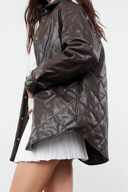 Women Fashion Stylish Regular Shirt Collar Midi Plain Lined Faux Leather Quilted Jacket Coat