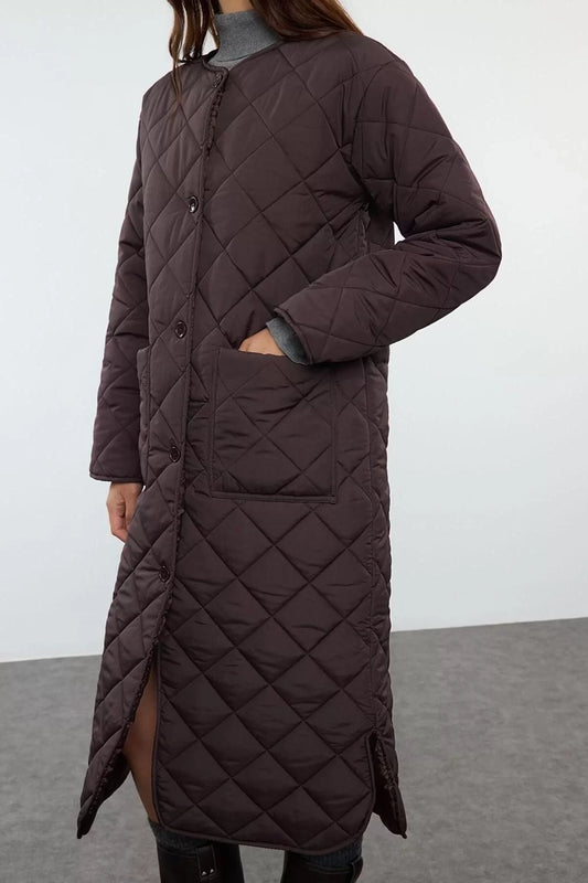 Women Fashion Stylish Regular Crew Neck Long Plain Lined Water Repellent Quilted Long Puffer Coat