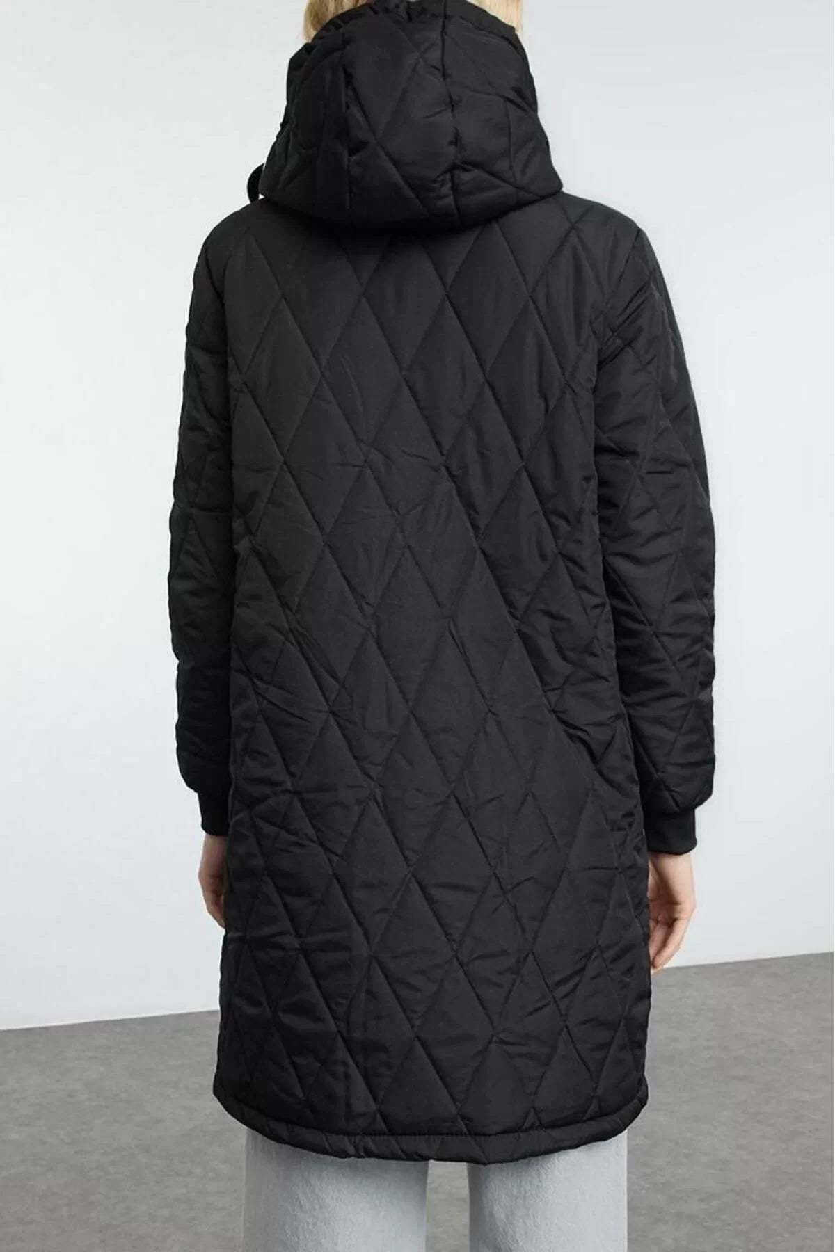 Women Fashion Stylish Regular Hooded Collar Midi Plain Lined Regular Hooded Quilted Coat