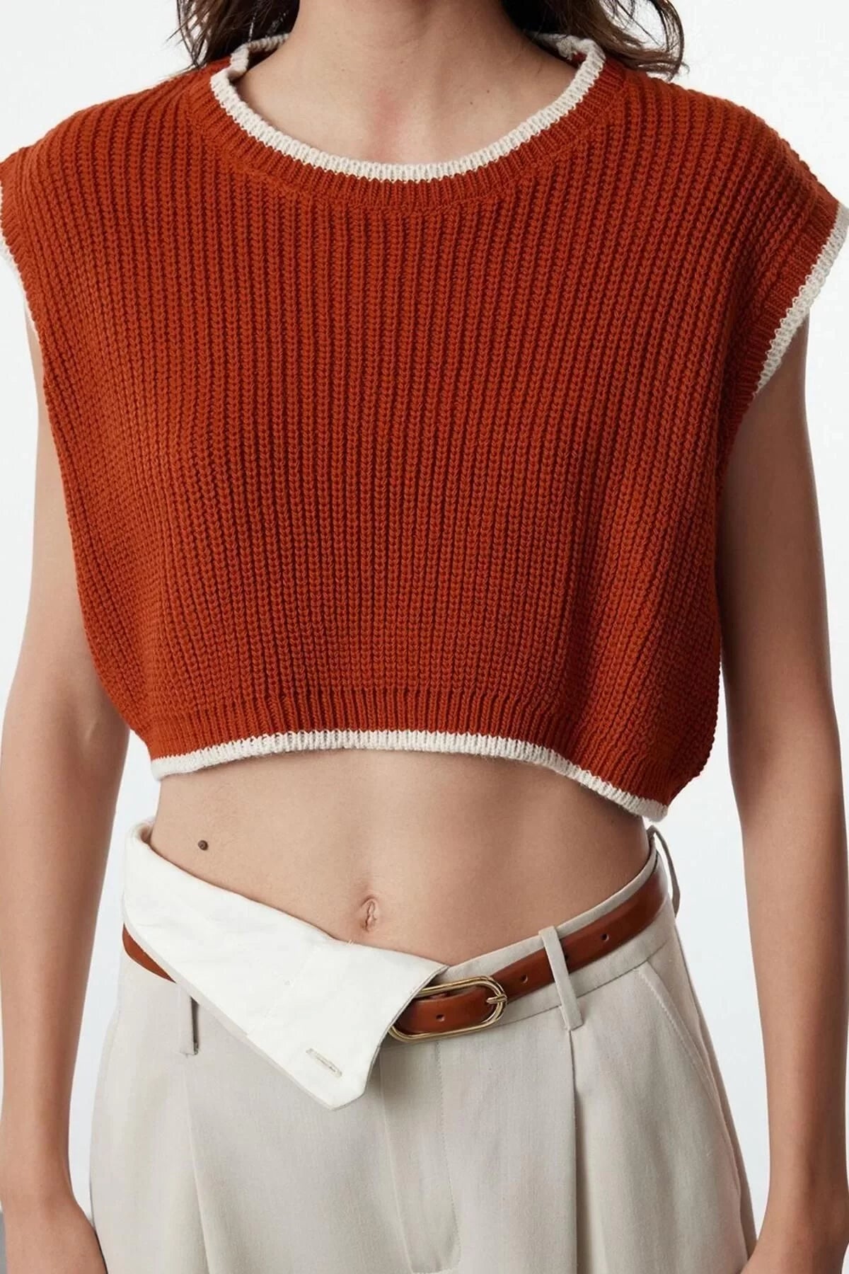 Women Fashion Stylish Crew Neck Regular Sleeve Crop Knit Sweater