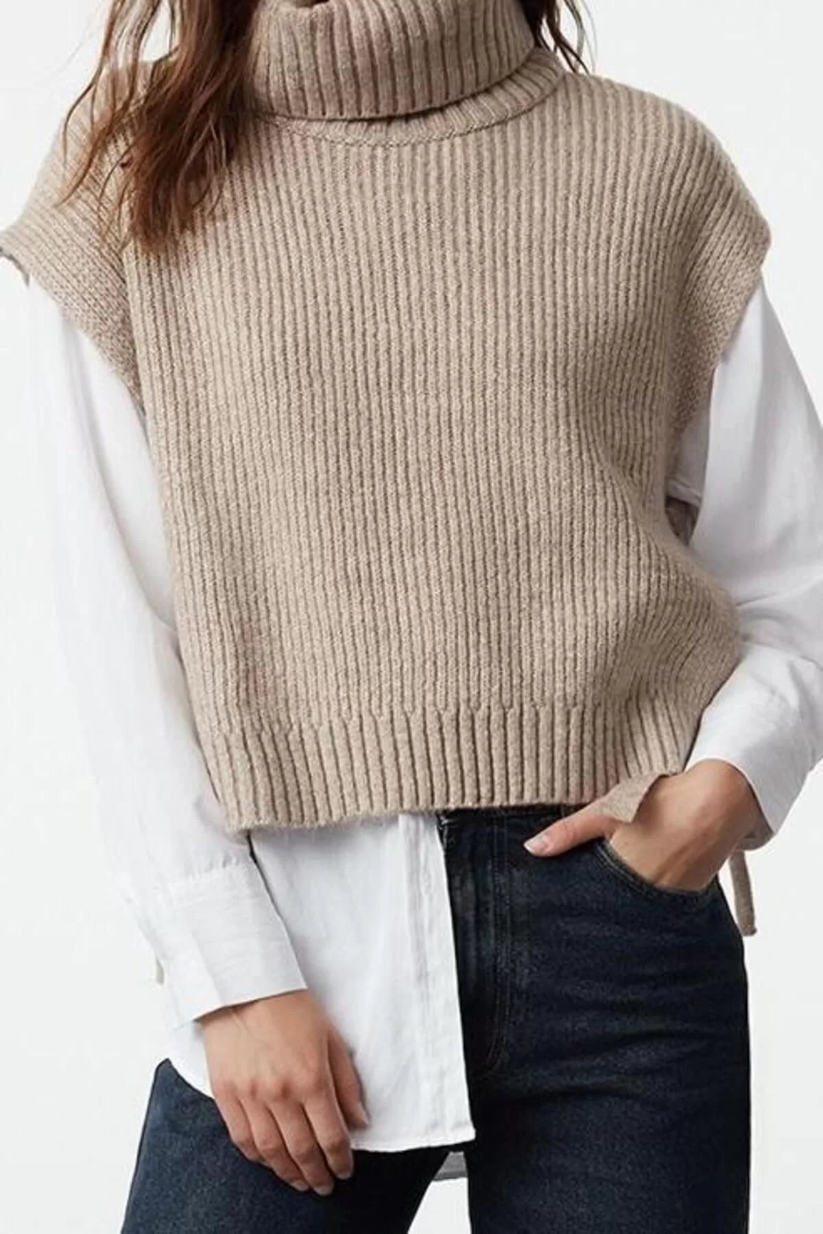 Women Fashion Stylish Turtleneck Regular Sleeve Crop Soft Textured Knitted Sweater