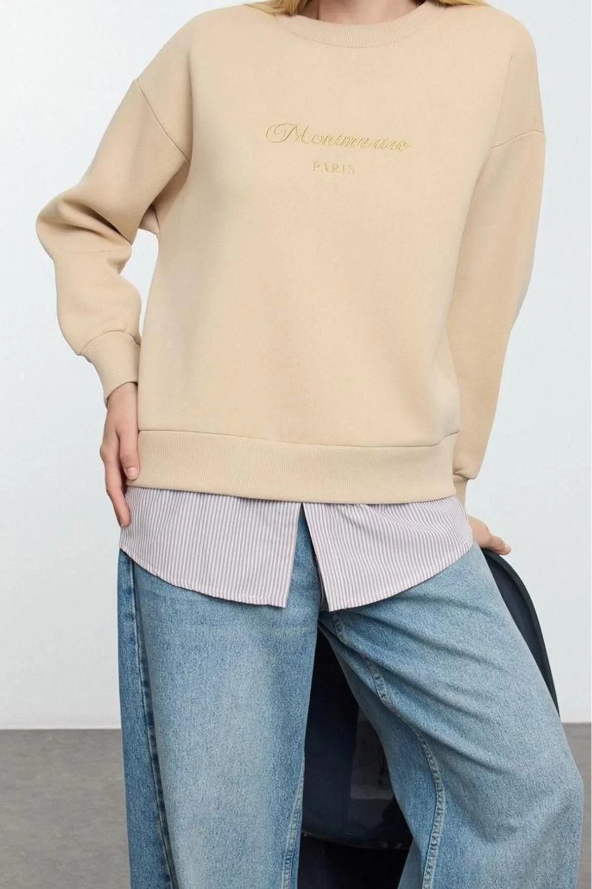 Women's Relaxed Crew Neck Low Sleeve Long Slogan Printed and Poplin Casual Fit Knitted Sweatshirt