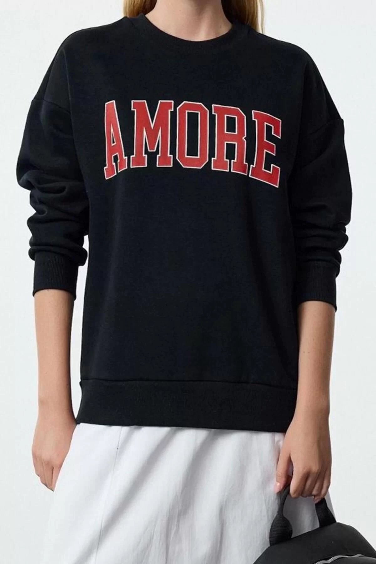 Women's Loose Crew Neck Low Sleeve Long Thick Fleece Inside Wide Cut Slogan Embroidered Knitted Sweatshirt