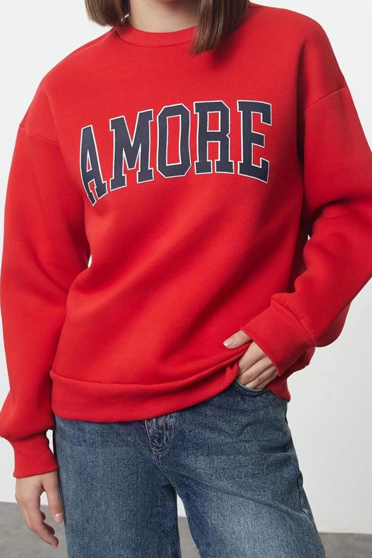 Women's Loose Crew Neck Low Sleeve Long Thick Fleece Inside Wide Cut Slogan Embroidered Knitted Sweatshirt