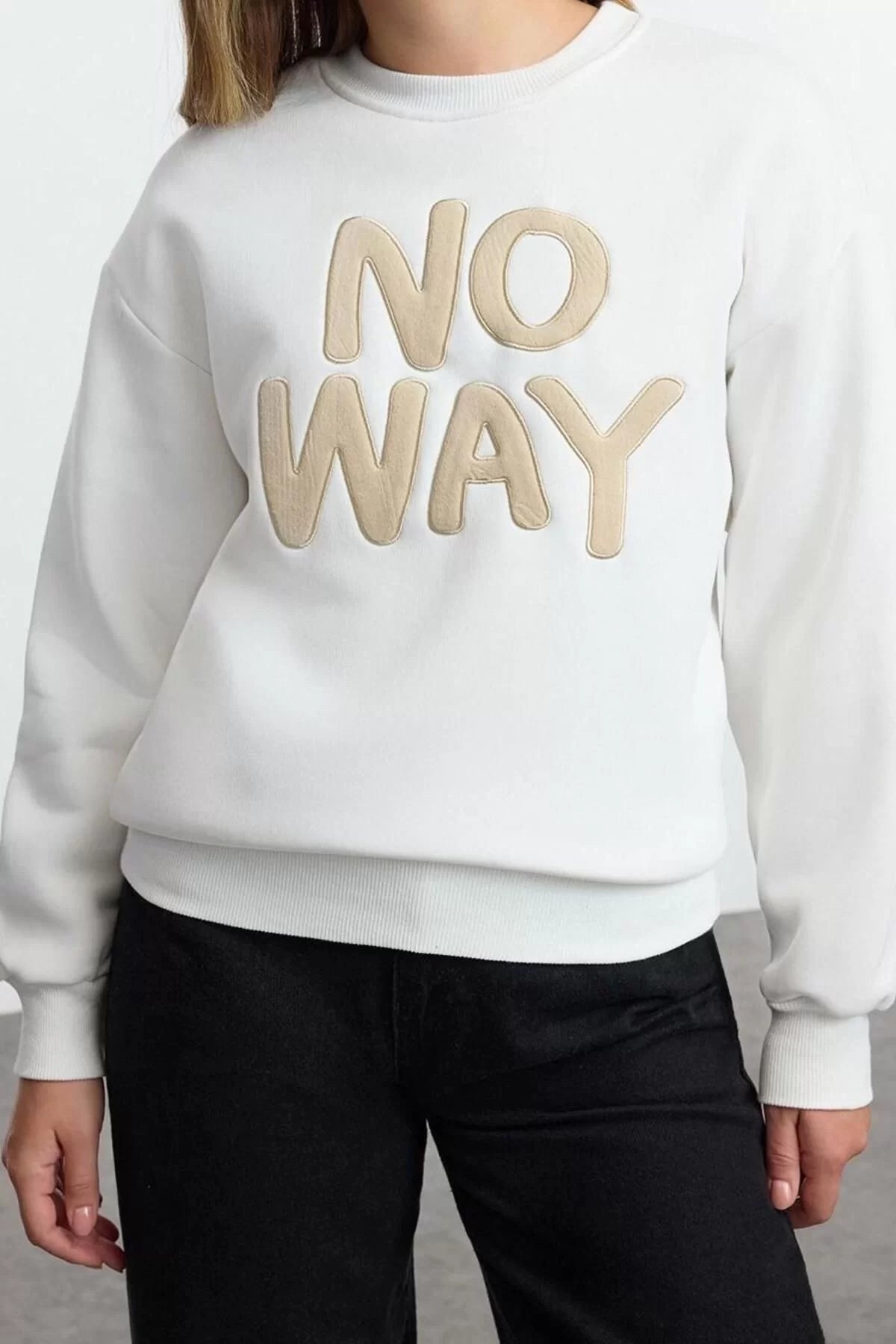 Women's Fashion Regular Crew Neck Low Sleeve Regular Slogan Embroidered Regular Fit Thick Knitted Sweatshirt