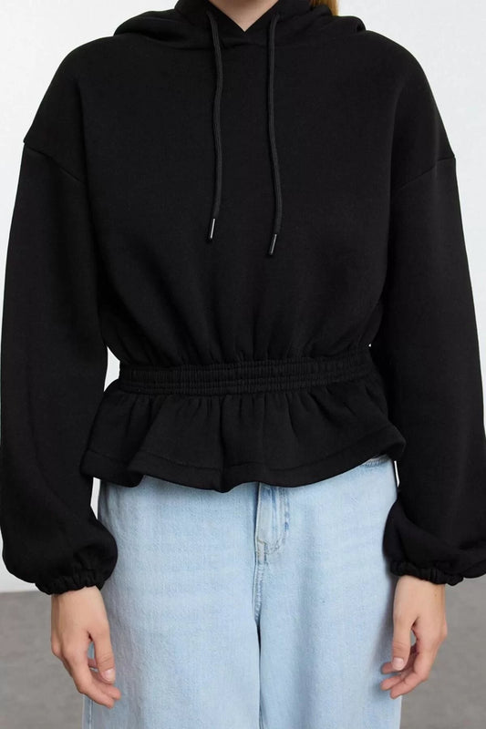 Women's Oversize Hooded Balloon Sleeve Regular Wide Gathered Detail Thick Polar Fleece Knitted Sweatshirt