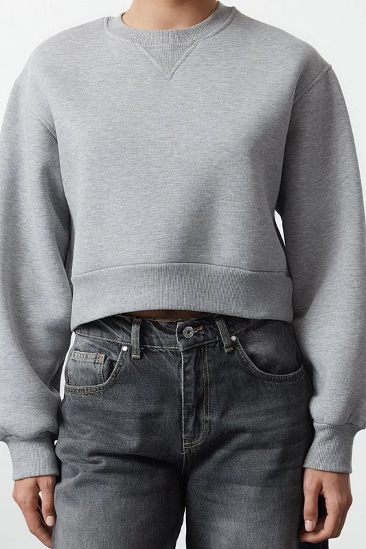 Women's Crew Neck Low Sleeve Crop Thick Polar Fleece Wide Cut Crop Basic Knitted Sweatshirt