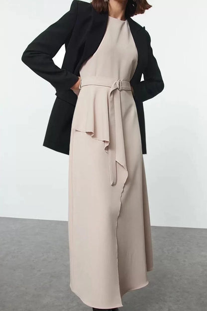 Women Fashion Stylish Hijab Long Crew Neck Fitted Belted Front Detailed Sleeveless Woven Vest Dress