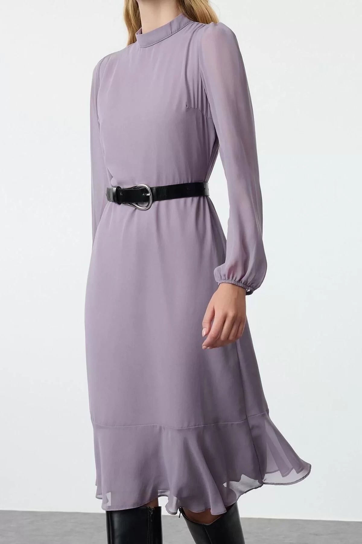 Women Fashion Stylish Midi Length Stand Collar Regular Pink 001 Plain Woven Winter Dress