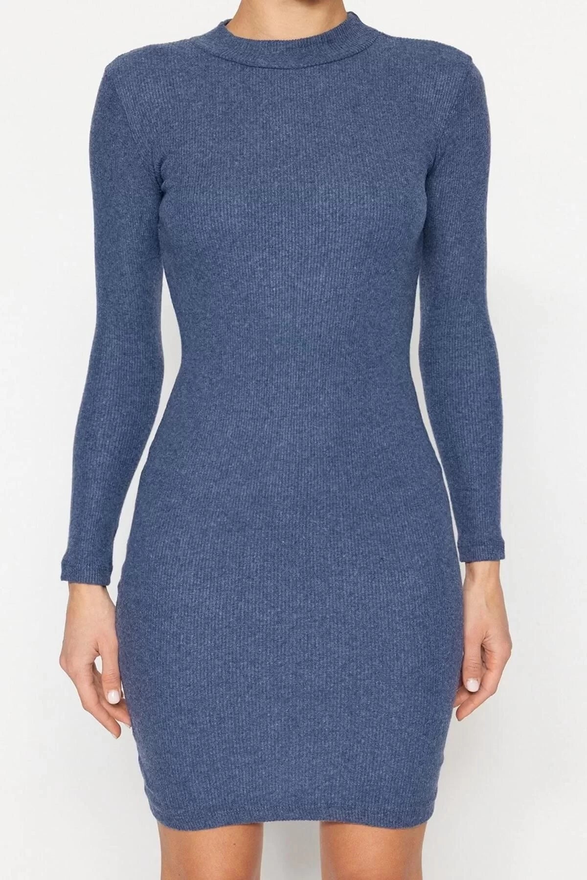 Women Fashion Stylish Mini Length Stand Collar Slim Fit Half Turtleneck Ribbed Flexible Knitted Dress