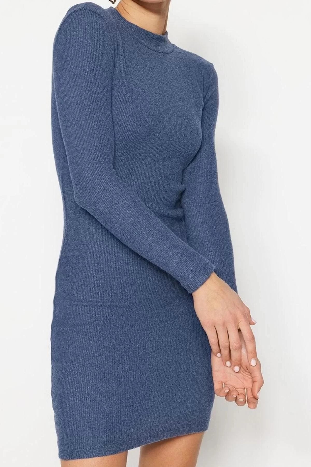 Women Fashion Stylish Mini Length Stand Collar Slim Fit Half Turtleneck Ribbed Flexible Knitted Dress