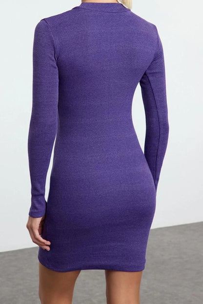 Women Fashion Stylish Mini Length Stand Collar Slim Fit Half Turtleneck Ribbed Flexible Knitted Dress