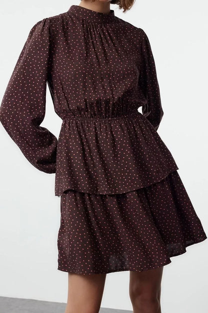 Women Fashion Stylish Mini Length Crew Neck Regular Polka Dot Waist Open Flounce Woven Dress