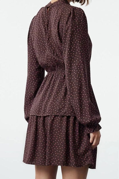 Women Fashion Stylish Mini Length Crew Neck Regular Polka Dot Waist Open Flounce Woven Dress