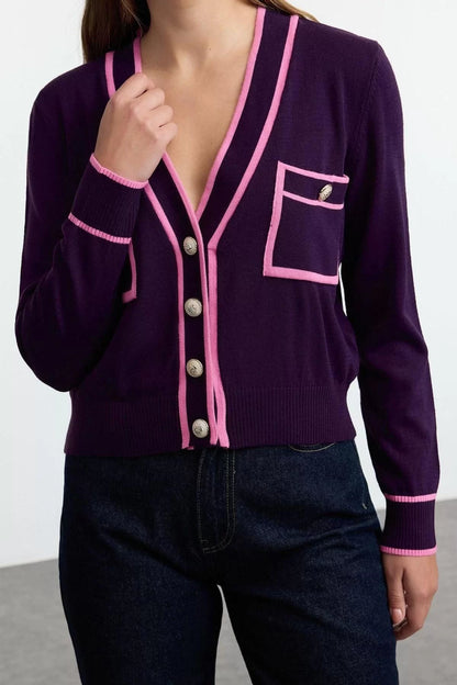 Women Fashion Stylish Regular V Neck Regular Color Block Knitwear Cardigan