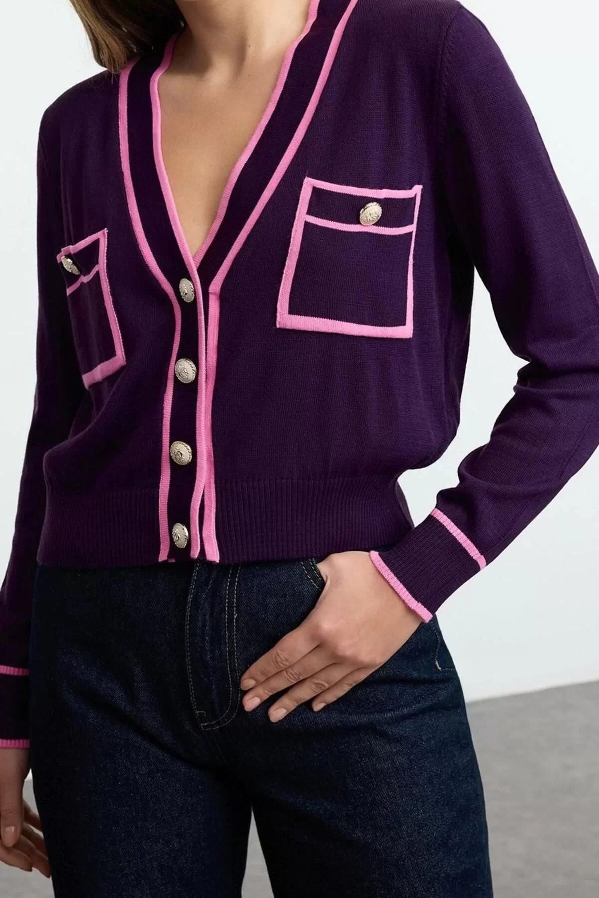 Women Fashion Stylish Regular V Neck Regular Color Block Knitwear Cardigan