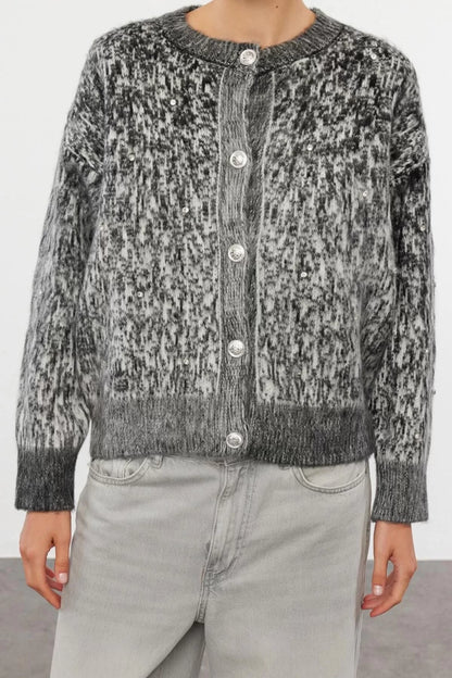 Women Fashion Stylish Regular Crew Neck Regular Soft Textured Patterned Knitwear Cardigan