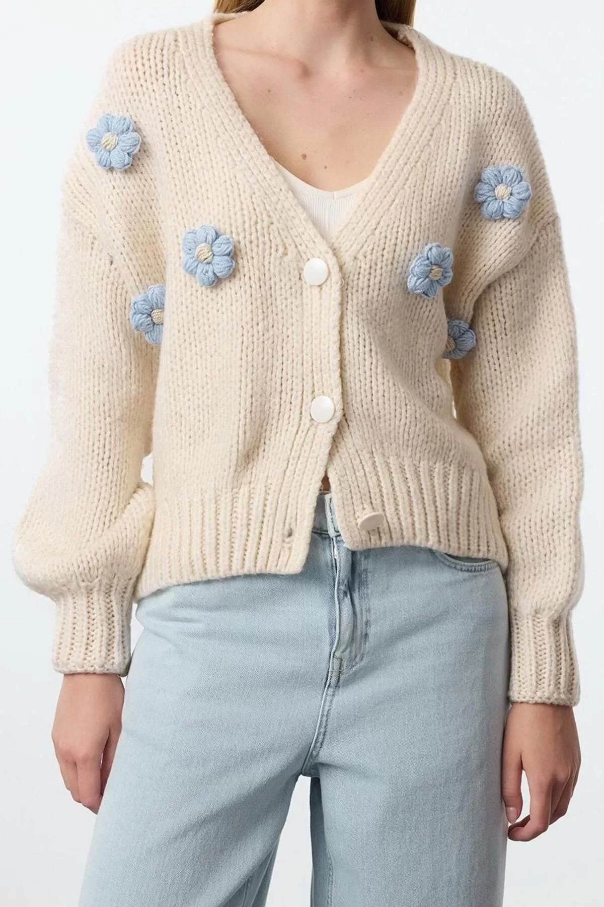 Women Fashion Stylish Regular V Neck Regular Soft Texture Rose Detailed Knitwear Cardigan