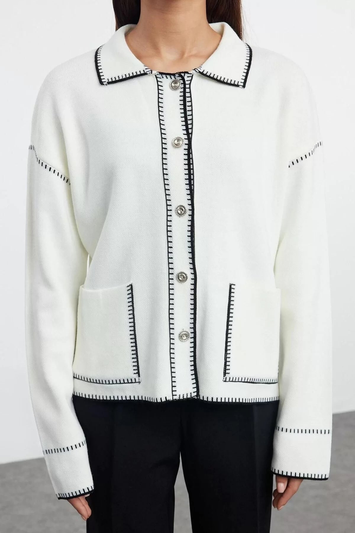 Women Fashion Stylish Regular Polo Collar Regular Color Block Polo Collar Knitwear Cardigan