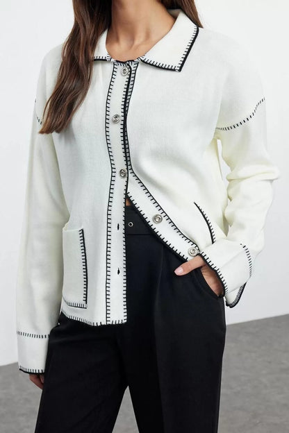 Women Fashion Stylish Regular Polo Collar Regular Color Block Polo Collar Knitwear Cardigan