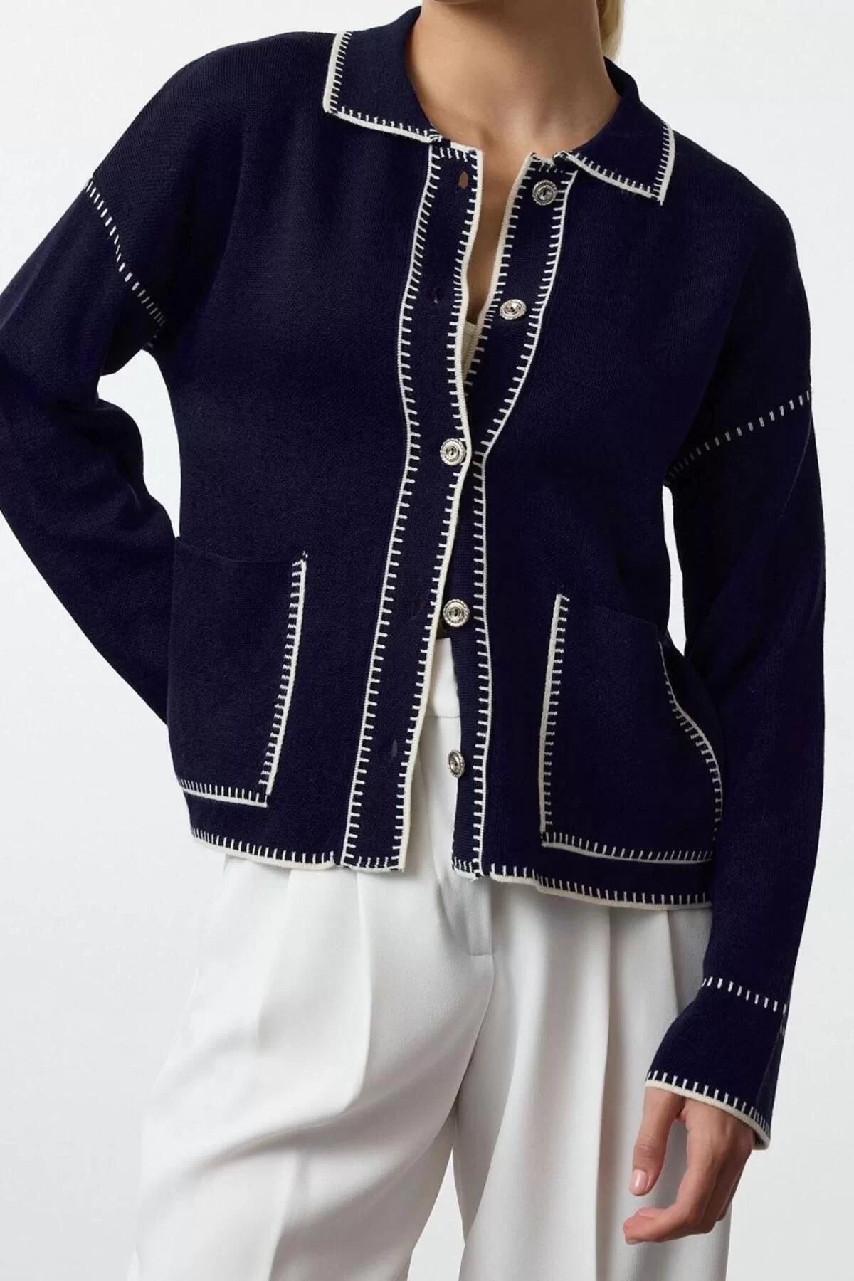 Women Fashion Stylish Regular Polo Collar Regular Color Block Polo Collar Knitwear Cardigan