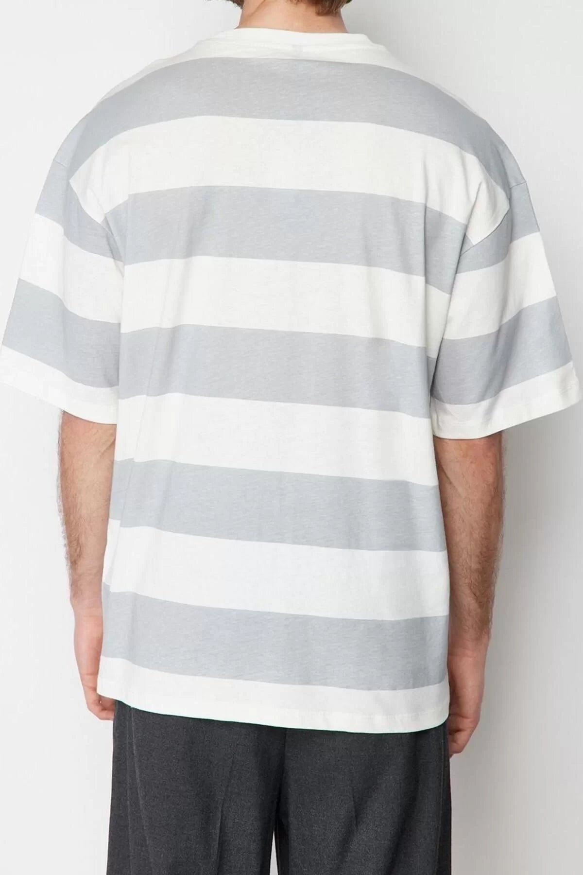 New Season Oversize 100% Cotton Crew Neck Short Sleeve Striped Patterned Casual T-Shirt