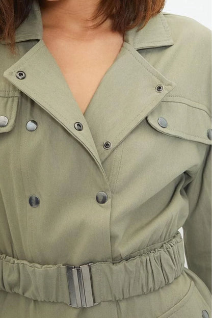 Women Fashion Stylish Mini Length Jacket Collar Regular Belted Buttoned Woven Jacket Dress