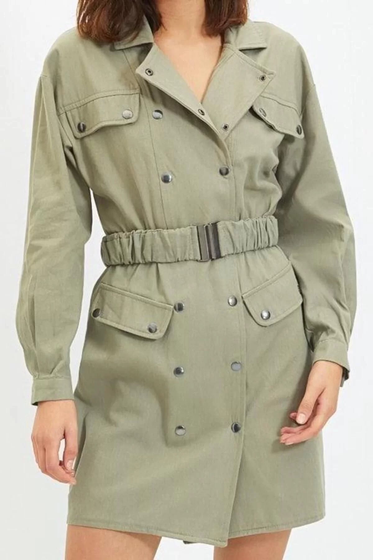 Women Fashion Stylish Mini Length Jacket Collar Regular Belted Buttoned Woven Jacket Dress