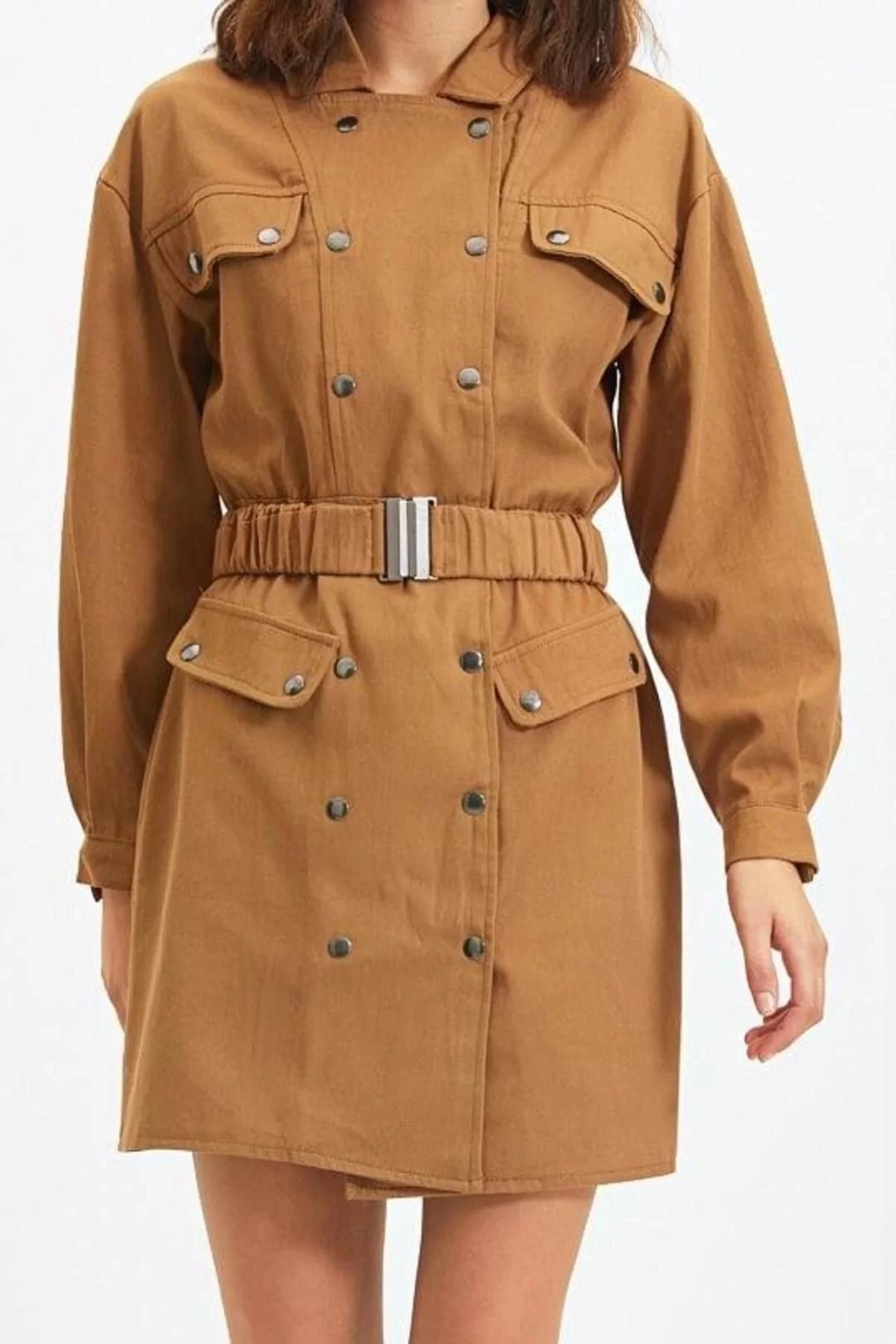 Women Fashion Stylish Mini Length Jacket Collar Regular Belted Buttoned Woven Jacket Dress