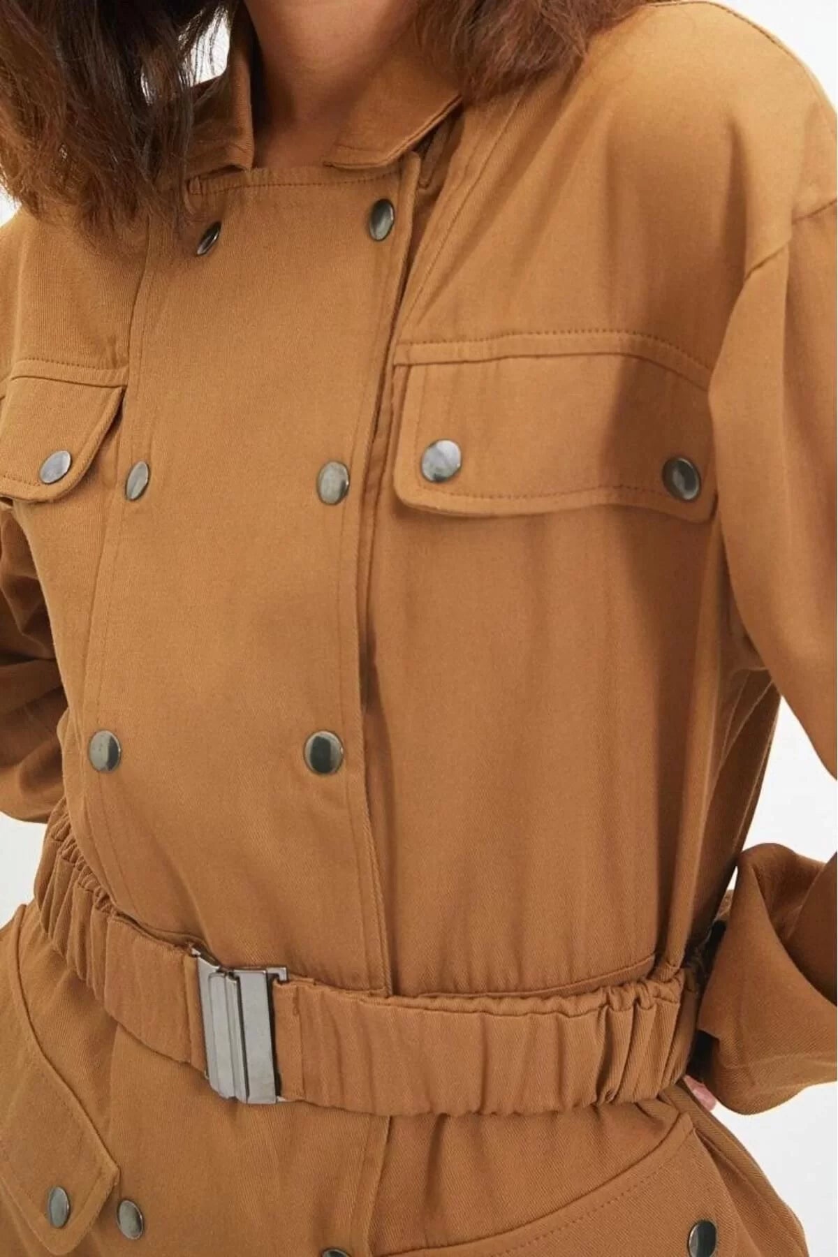 Women Fashion Stylish Mini Length Jacket Collar Regular Belted Buttoned Woven Jacket Dress