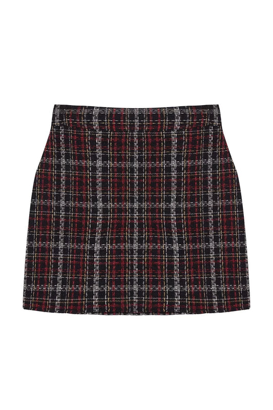 Women Fashion Style Mini Unlined Woven Plaid Patterned Tweed Fabric Mini Woven Skirt