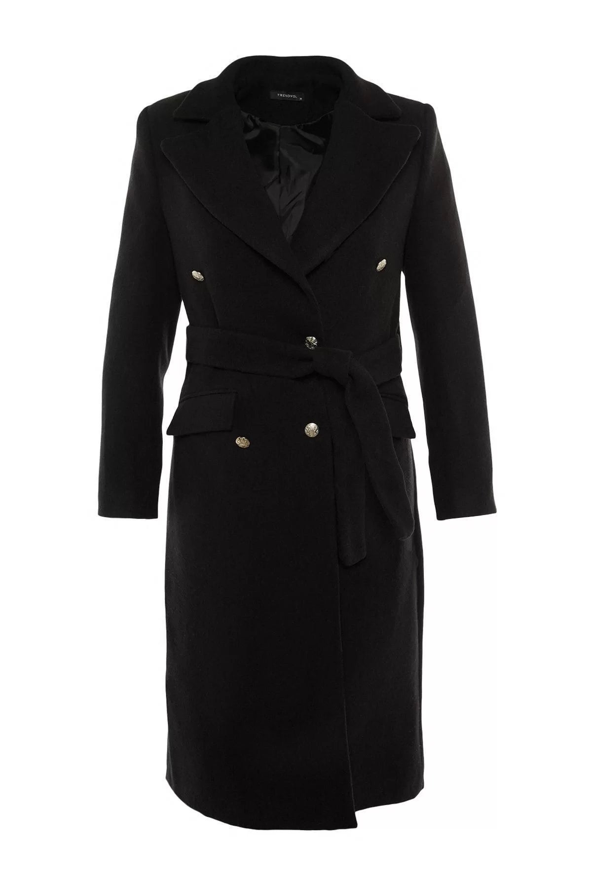 Women Fashion Stylish Fitted Jacket Collar Long Plain Lined Fitted Belted Gold Buttoned Long Wool Cashmere Coat