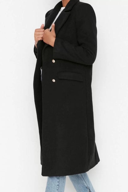 Women Fashion Stylish Fitted Jacket Collar Long Plain Lined Fitted Belted Gold Buttoned Long Wool Cashmere Coat