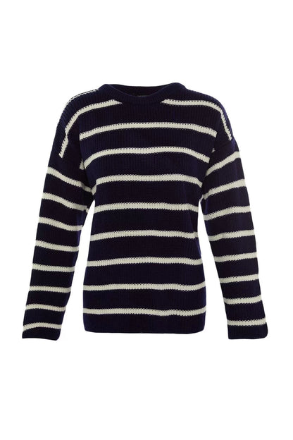 Women Fashion Stylish Crew Neck Standard Sleeve Regular Wide Fit Striped Knitwear Sweater