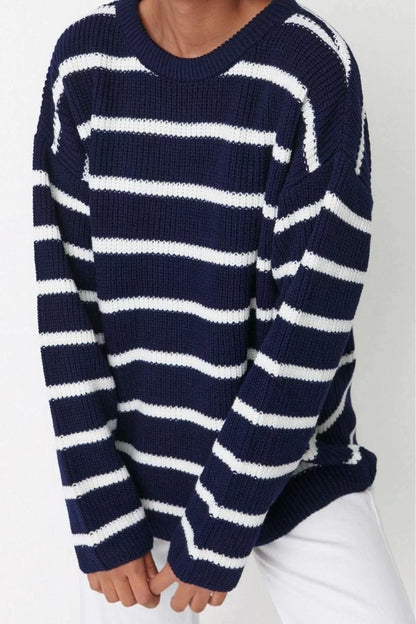 Women Fashion Stylish Crew Neck Standard Sleeve Regular Wide Fit Striped Knitwear Sweater