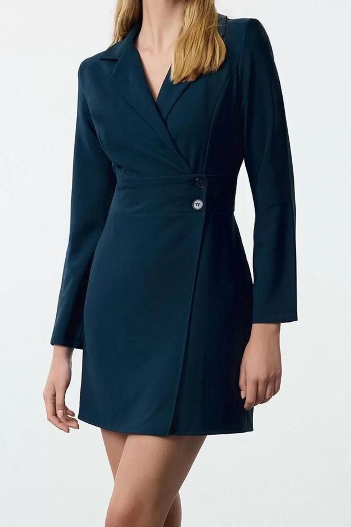 Women Fashion Stylish Mini Length Jacket Collar Regular Plain Woven Dress