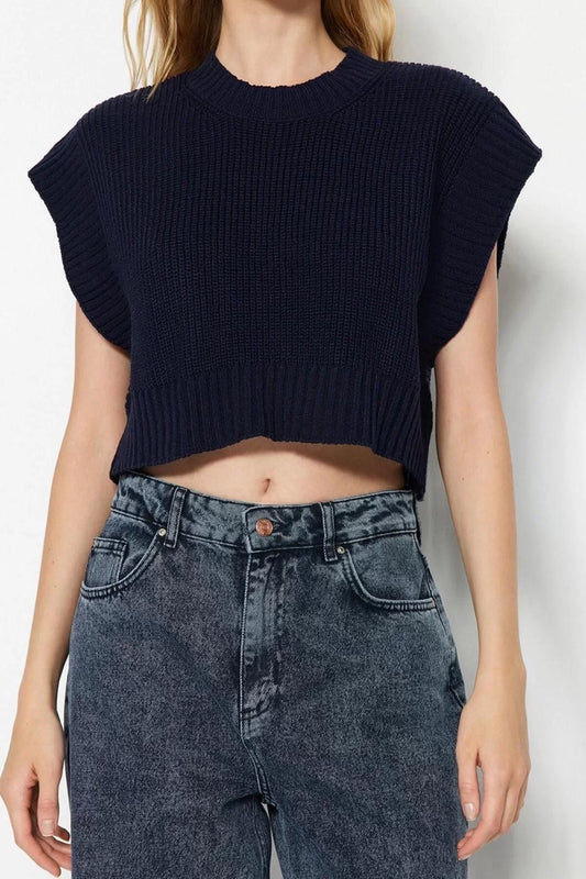 Women Fashion Stylish Crew Neck Regular Sleeve Crop Knit Sweater