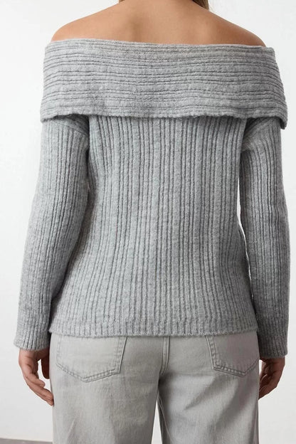 Women Fashion Stylish Carmen Collar Standard Sleeve Regular Soft Texture Knitwear Sweater