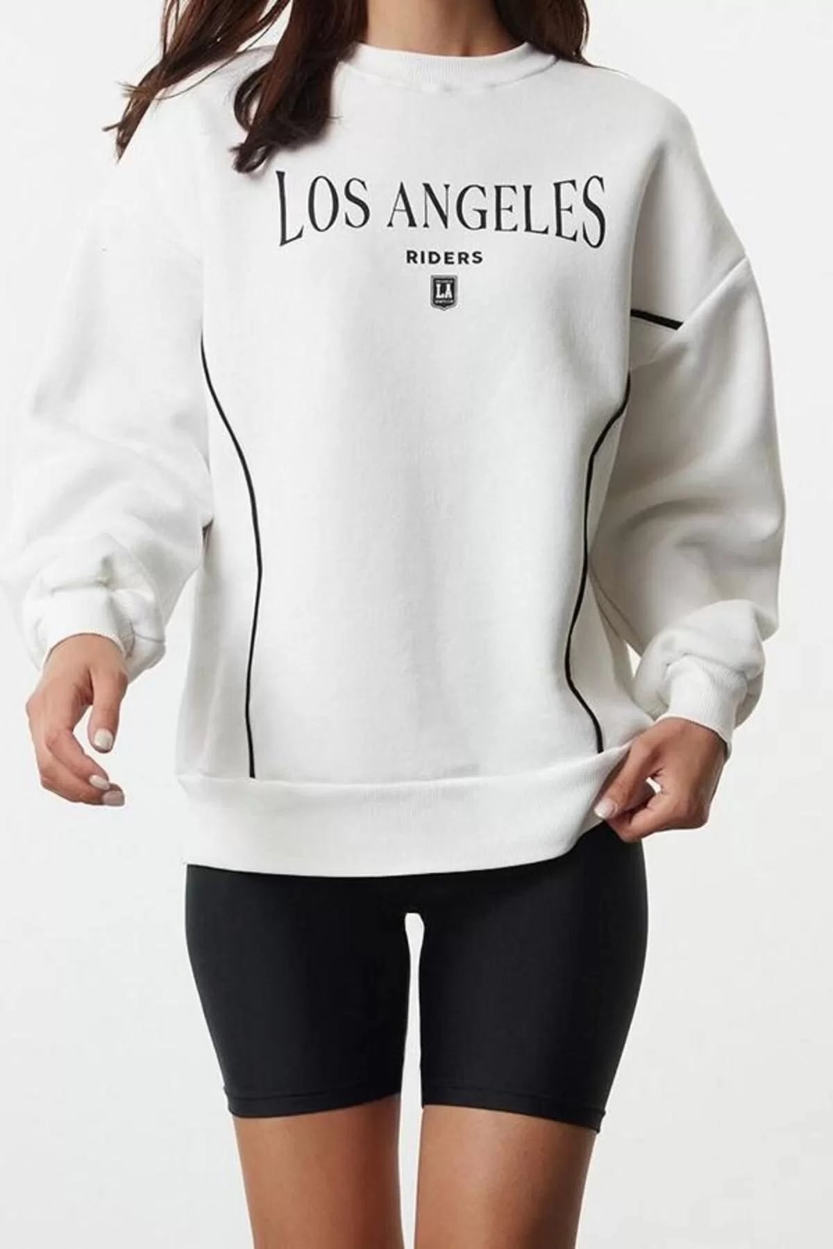 Women's Loose Crew Neck Low Sleeve Long Slogan Printed Wide Cut Thick Polar Fleece Knitted Sweatshirt