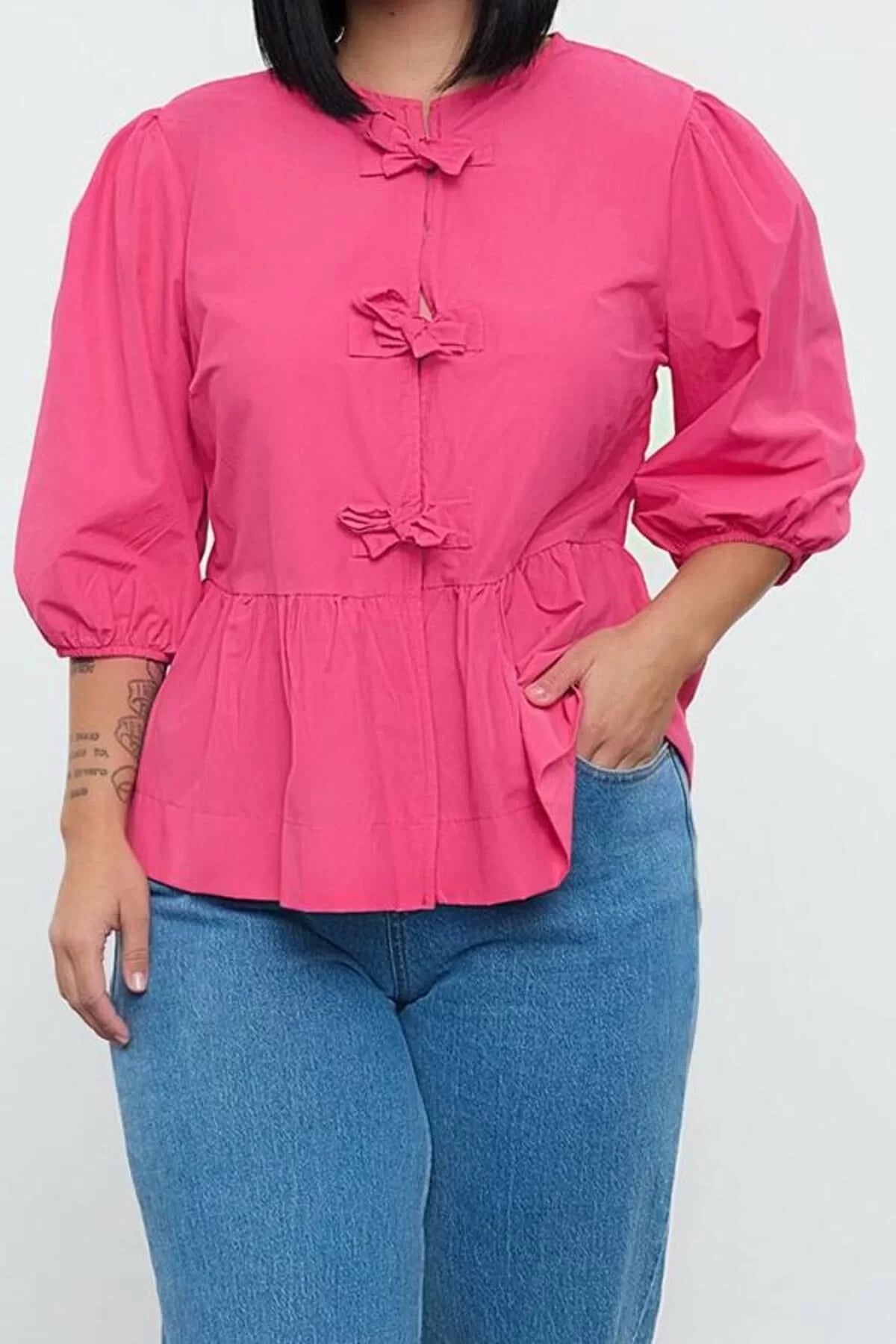 Style Women Women's Bow Blouse Long Woven Regular Fit Plus Size