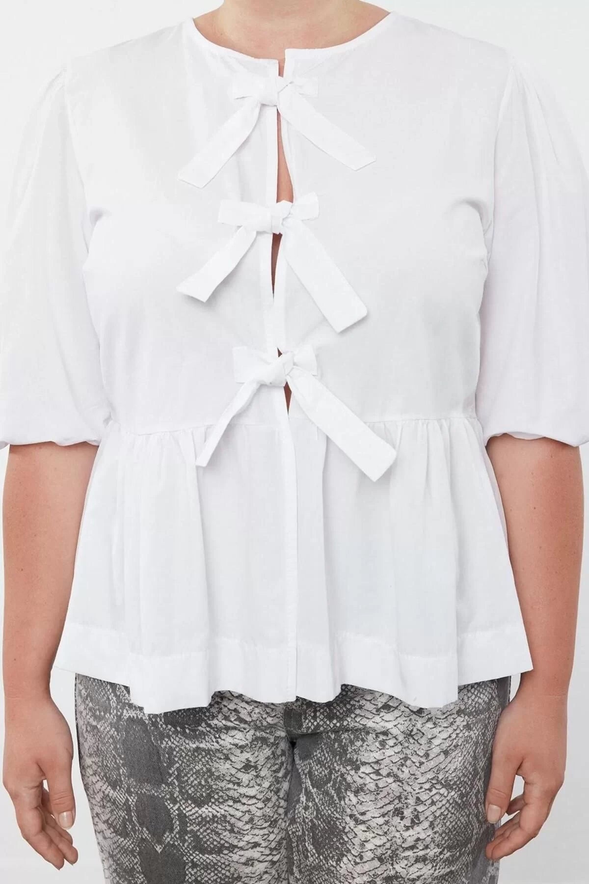 Style Women Women's Bow Blouse Long Woven Regular Fit Plus Size