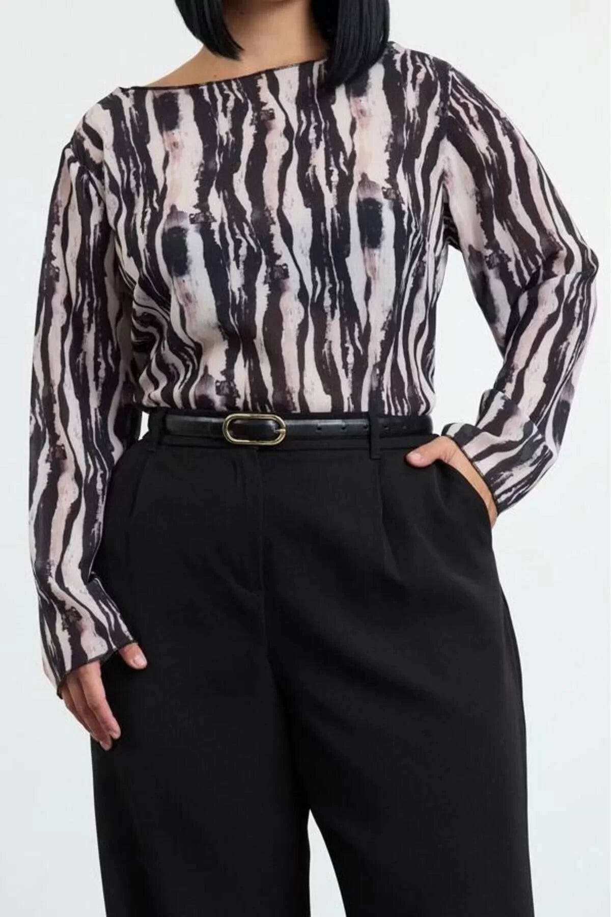 Style Women Zebra Patterned Blouse Long Woven Regular Fit Plus Size