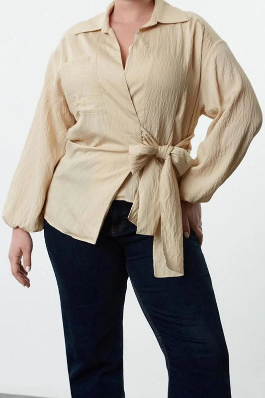 Style Women Textured Double Breasted Tied Shirt Collar Blouse Long Woven Relaxed Pattern Plus Size