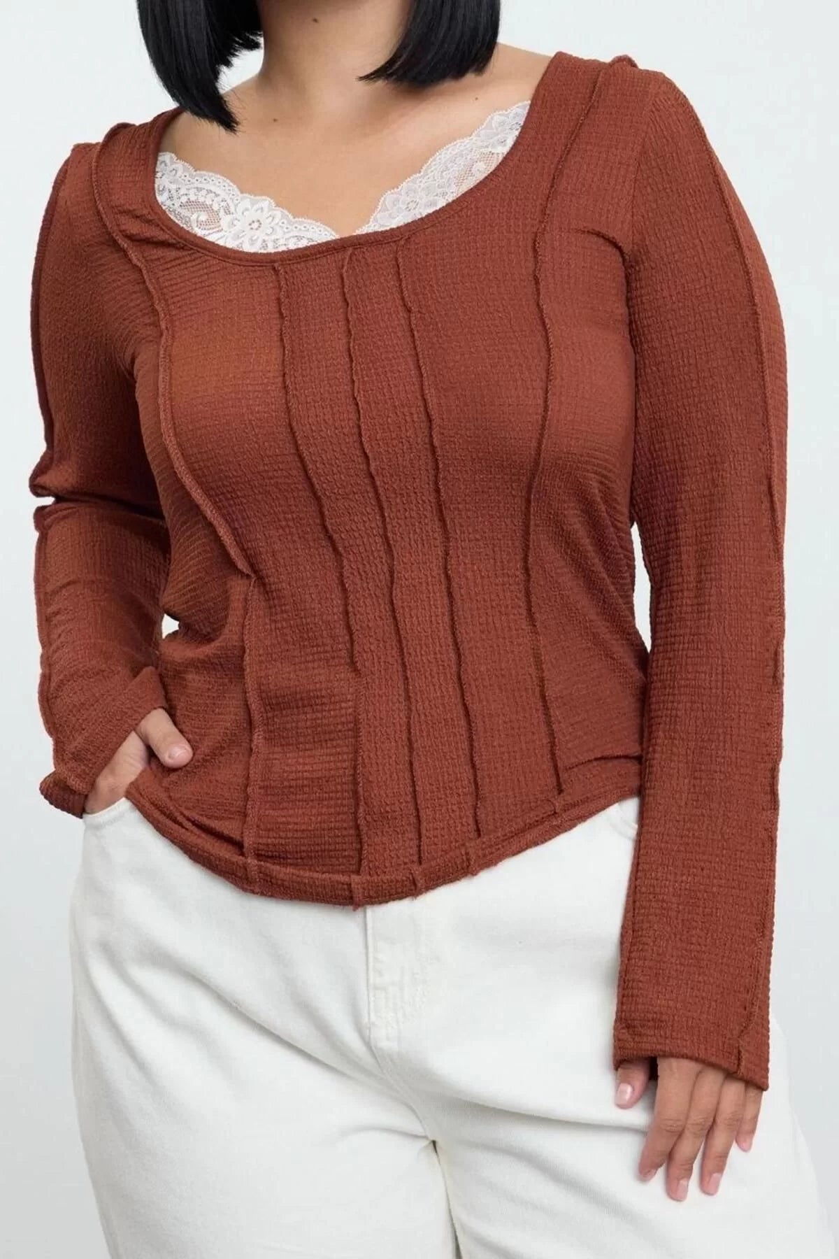 Style Women's Collar Detailed Knitted Blouse Crop Knitted Fitted Pattern Plus Size