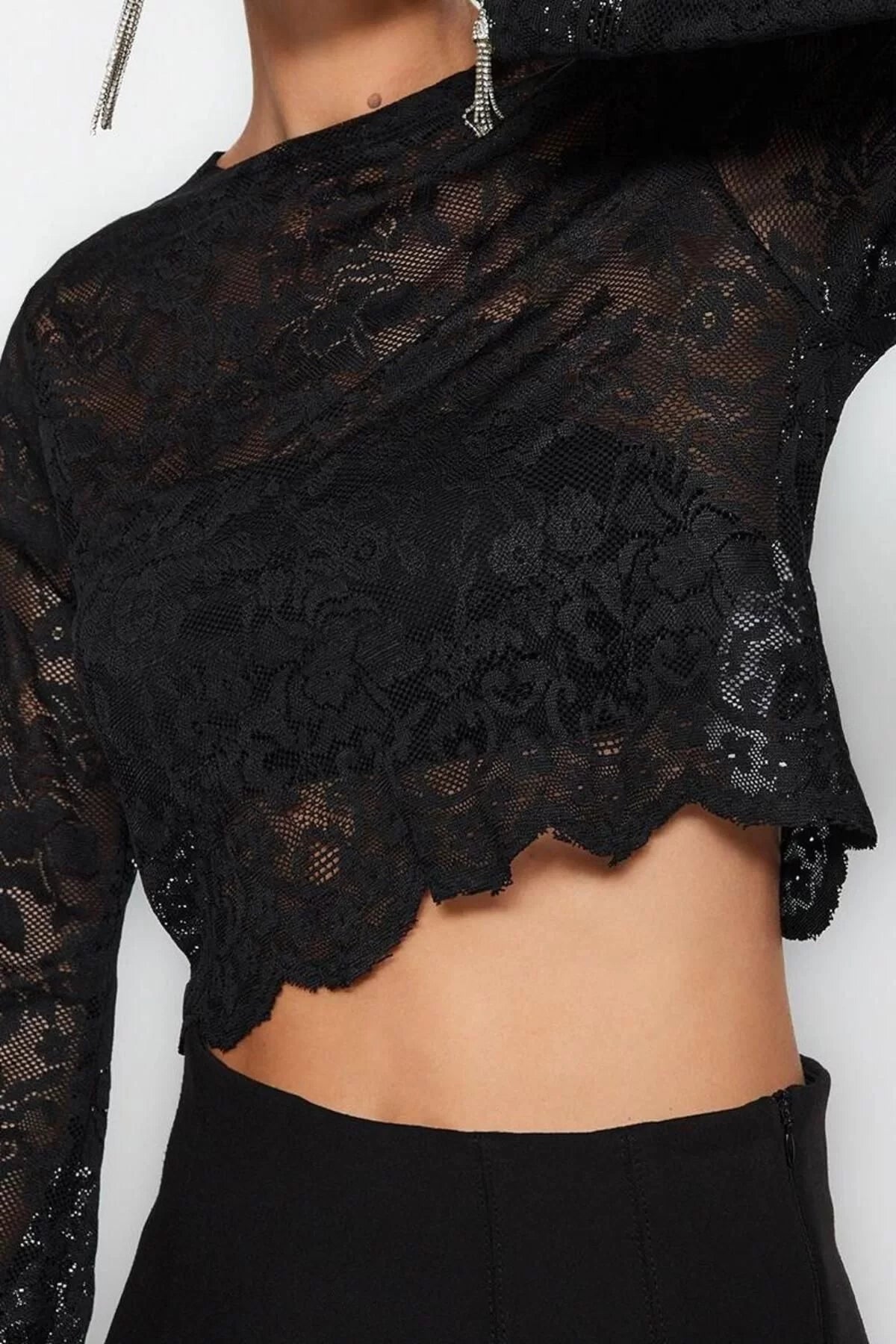 Style Women Unlined Lace Blouse Crop Knit Regular Pattern