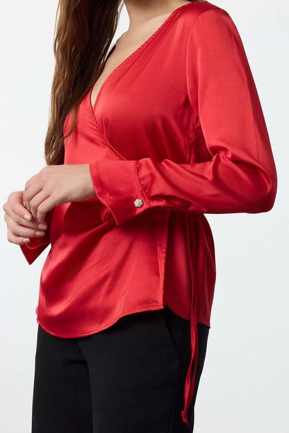 Style Women Dark Red Satin Blouse Regular Woven Regular Pattern