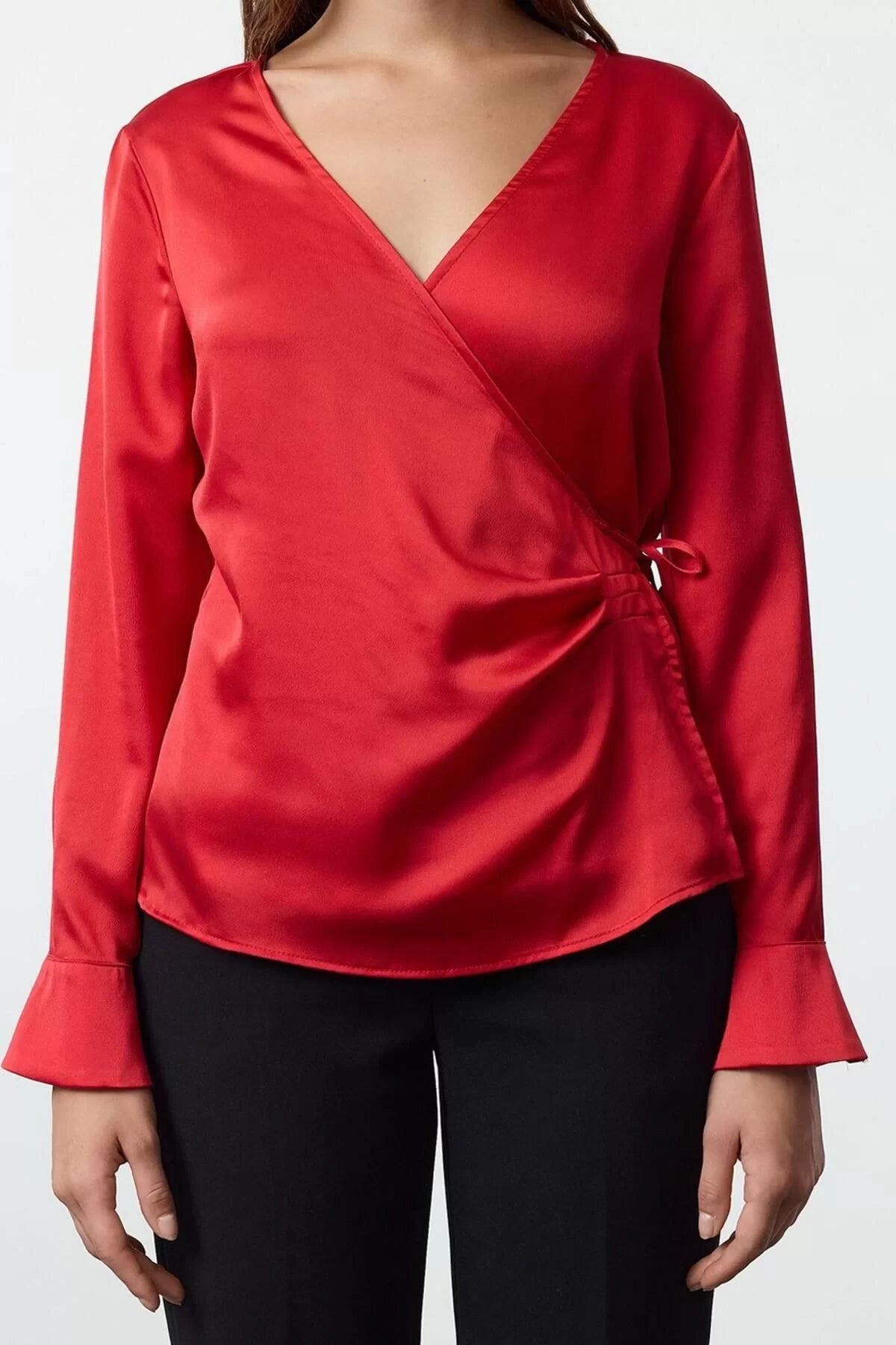 Style Women Dark Red Satin Blouse Regular Woven Regular Pattern