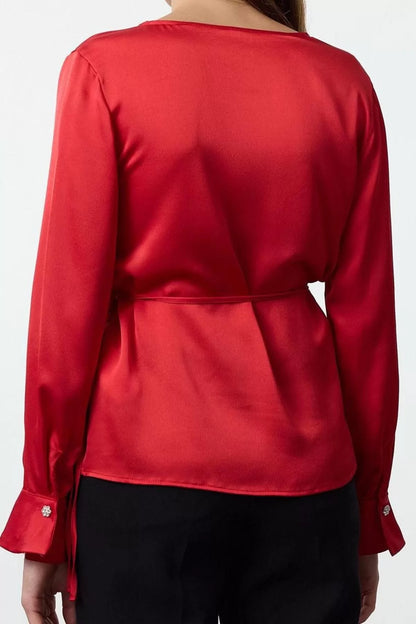 Style Women Dark Red Satin Blouse Regular Woven Regular Pattern